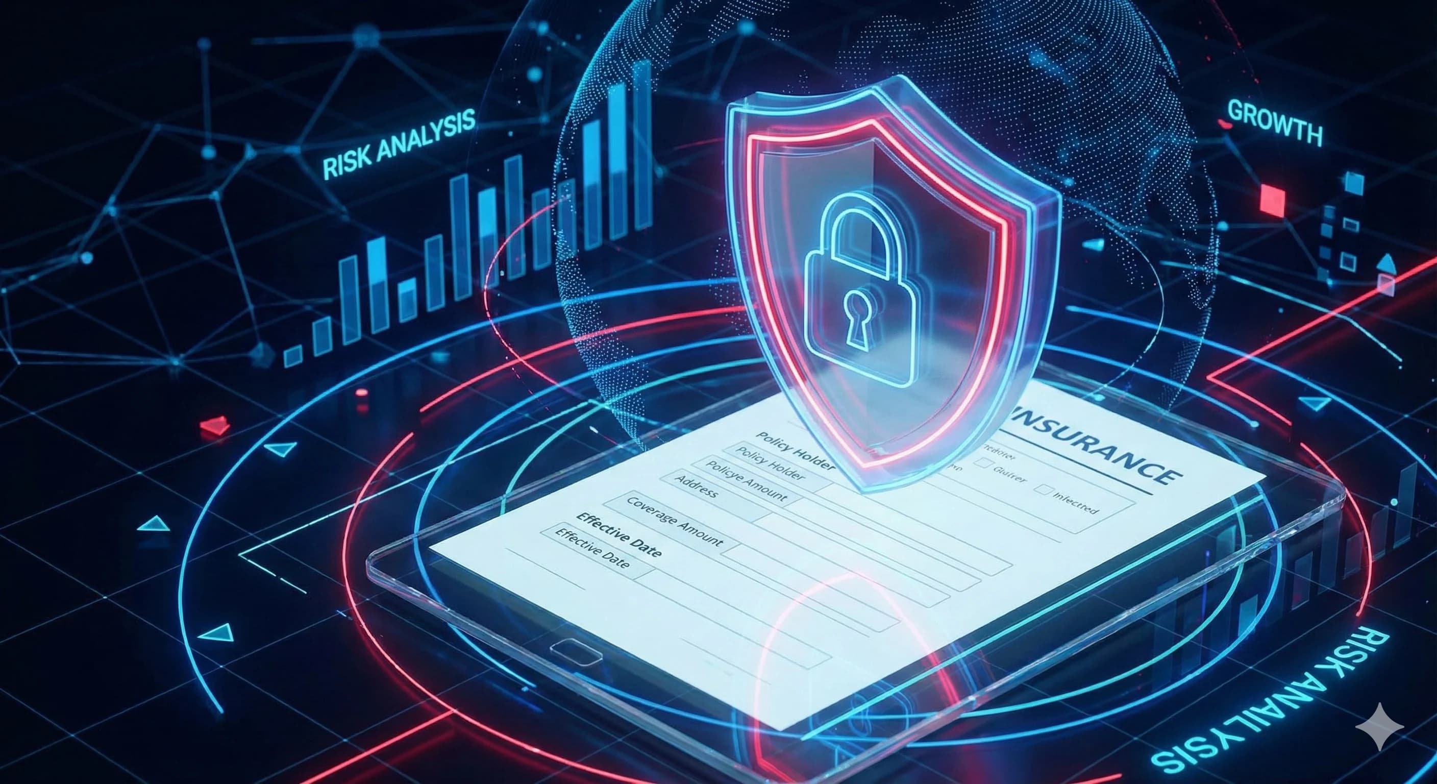 איור של מגן עם מנעול על אתר תדמית של עולמות הביטוח על רקע עתידני עם גרפים