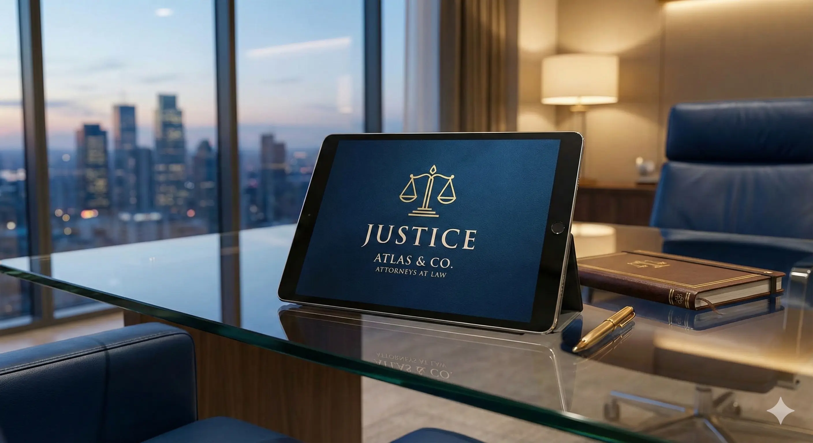 מסך טאבלט המציג אתר של עורכי דין על שולחן זכוכית במשרד מרשים