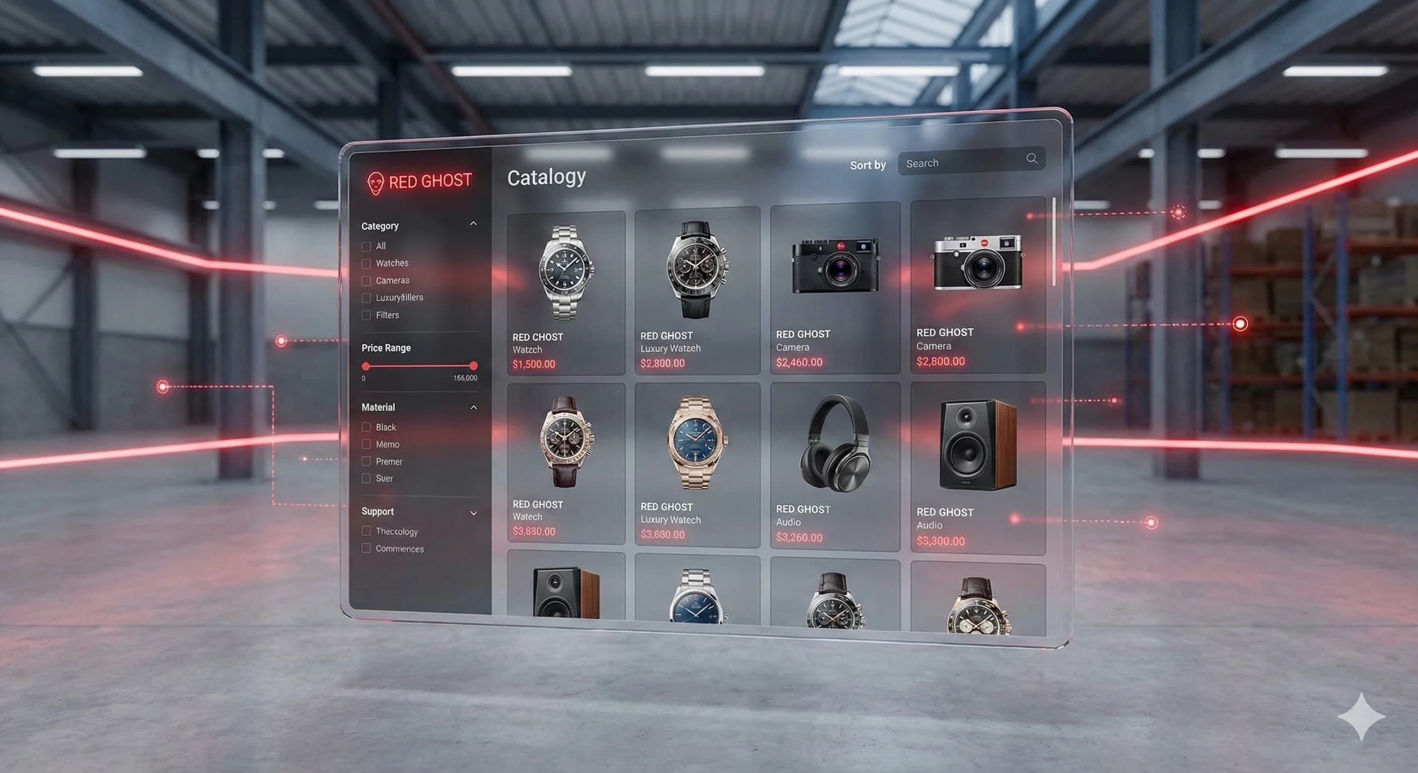 כרטיס עתידני ושקוף המציג עמוד אתר קטלוג עם סינונים על רקע האנגר